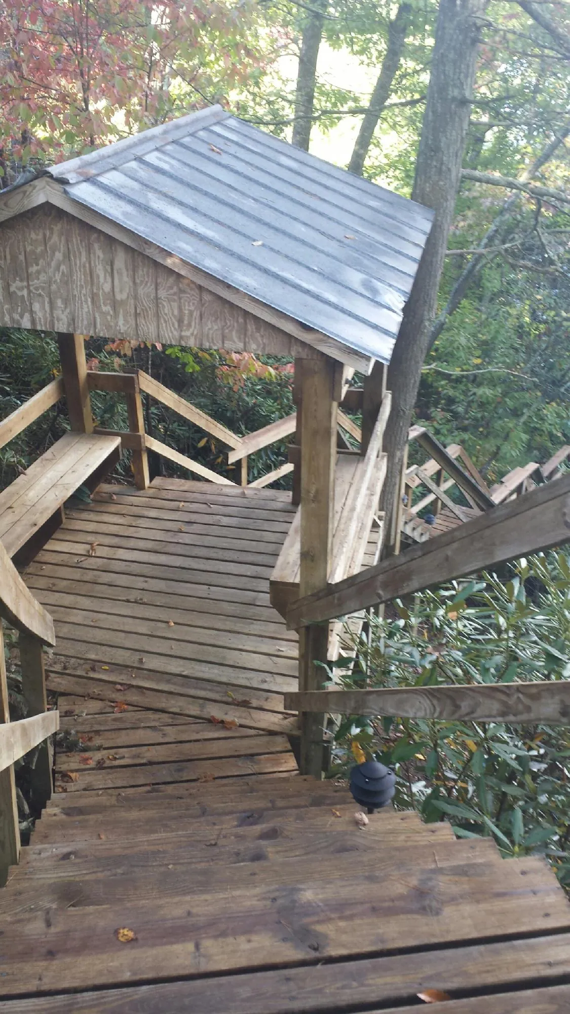 Metal roofed shelter over wooden steps on a wooded walkway — Skylight Repair & Installation work by our crew in Servia